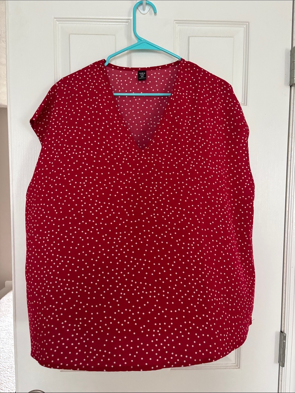 SHEIN Red Polka Dot V-Neck Cap Sleeve Blouse